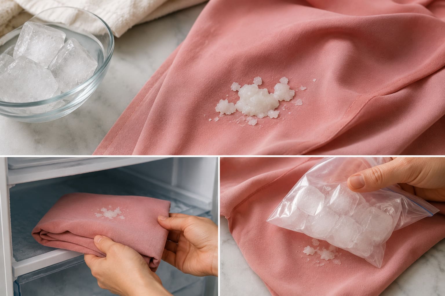 Hardening candle wax on fabric with ice before safely removing the residue
